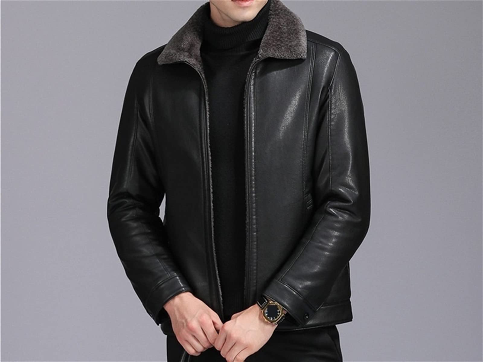 Amazon.co.jp: メンズレザーコート暖かいラペル毛皮の襟ボンバー